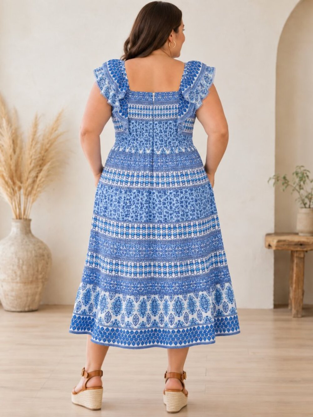 Eliza J Women’s 20W Blue White Floral Smocked Midi Dress Pockets NWT - Picture 4 of 6